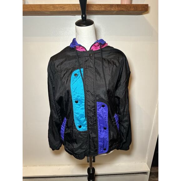 Rare VTG BOCOO Color Block Full Zip Windbreaker Jacket 80s 90s Black Women’s M - Picture 3 of 9